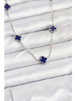 Belle Fusion Mey Ithalat® 316L Çelik Zincir Gümüş Renk Lacivert Baby Boy Yonca Kadın Kolye