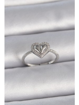 Belle Fusion Mey Ithalat® Pirinç Gümüş Renk Ayarlanabilir Zirkon Taşlı Kalp Model Kadın Yüzük
