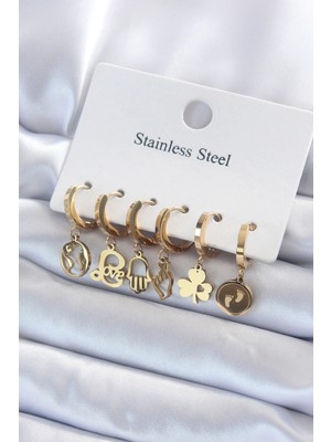 Belle Fusion Mey Ithalat® 316L Çelik Gold Renk Çoklu Figür Model Kadın Küpe Seti