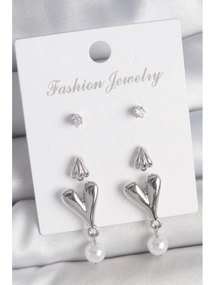 Belle Fusion Mey Ithalat® Pirinç Gümüş Renk Zirkon Taşlı Sallantılı Kalp Model 3 Çift Kadın Küpe Seti