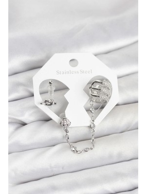Belle Fusion Mey Ithalat® Pirinç Gümüş Renk Sarmal Model Zincir Bağlantılı Ear Cuff Küpe Seti