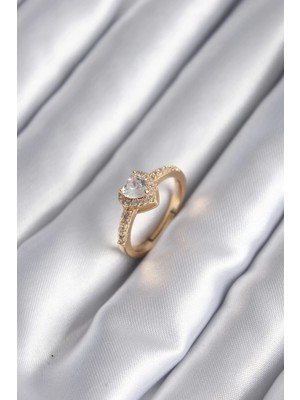 Belle Fusion Mey Ithalat® Pirinç Gold Renk Zirkon Taşlı Kalp Charm Model Kadın Yüzük
