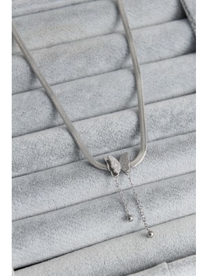 Belle Fusion Mey Ithalat® 316L Çelik Gümüş Renk Italyan Zincir Model Simli Kelebek Figür Kadın Kolye