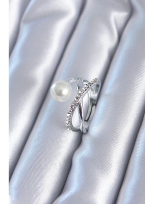 Belle Fusion Mey Ithalat® Gümüş Renk Zirkon Taşlı Incili Kadın Yüzük