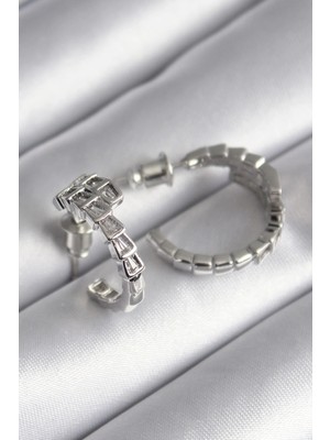 Belle Fusion Mey Ithalat® Pirinç Gümüş Renk Zirkon Taşlı Yılan Model Kadın Küpe