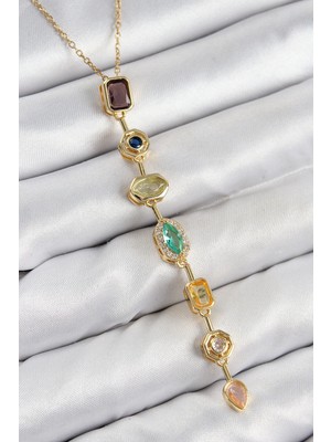 Belle Fusion Mey Ithalat® Pirinç Renkli Zirkon Taşlı Model Gold Renk 7 Element Kadın Y Kolye