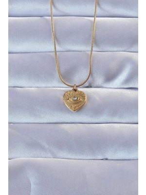 Belle Fusion Mey Ithalat® 316L Altın Renk Zirkon Taşlı Işlemeli Göz Detay Kalp Kolye