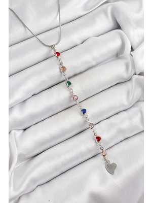 Belle Fusion Mey Ithalat® Pirinç Gümüş Renk Karışık Renk Zirkon Taşlı Kalpli Y Kadın Kolye