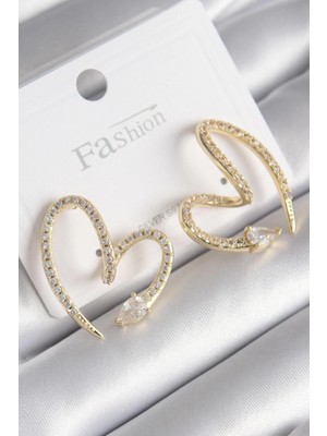Belle Fusion Mey Ithalat® Pirinç Gold Renk Zirkon Taşlı Yılan Kalp Model Kadın Küpe