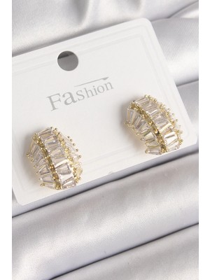 Belle Fusion Mey Ithalat® Pirinç Gold Renk Zirkon Taşlı Kaplumbağa Kabuğu Model Kadın Küpe