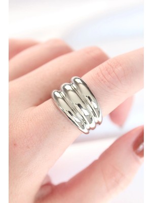 Belle Fusion Mey Ithalat® Silver Renk Ayarlanabilir Çizgili Bombe Yüzük