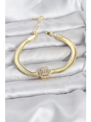 Belle Fusion Mey Ithalat® 316L Çelik Gold Renk Baget Zirkon Taşlı Yılan Zincirli Kadın Bileklik