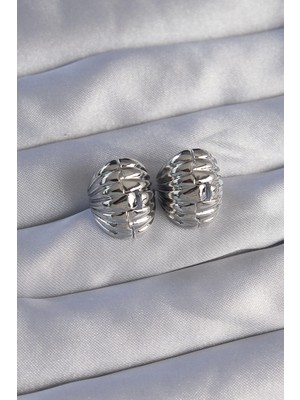 Belle Fusion Mey Ithalat® Pirinç Gümüş Renk Tırtıklı Minimal Bombeli Tasarım Küpe