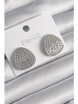 Belle Fusion Mey Ithalat® Pirinç Gümüş Renk Zirkon Taşlı Plaka Model Kadın Küpe