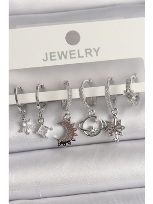 Belle Fusion Mey Ithalat® Pirinç Gümüş Renk Zirkon Taşlı Gezgen Model Kadın Küpe Seti