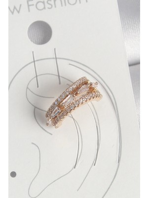 Belle Fusion Mey Ithalat® Pirinç Gold Renk Zirkon Taşlı 3'lü Sıralı Model Kadın Kıkırdak Küpe
