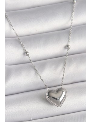 Belle Fusion Mey Ithalat® 316L Çelik Gümüş Renk Topçuk Detay Zincir Kalp Model Kadın Kolye