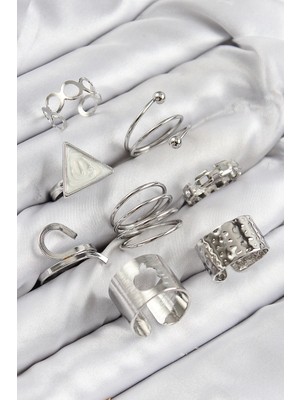 Belle Fusion Mey Ithalat® Pirinç Üçgen Model Gümüş Renk Kadın Yüzük Kombin Set