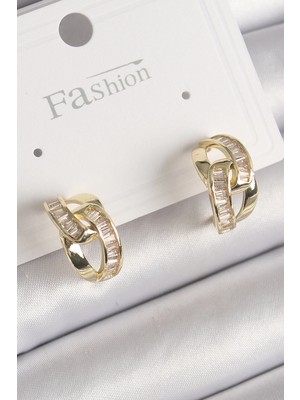 Belle Fusion Mey Ithalat® Pirinç Gold Renk Zirkon Taşlı Zincir Model Kadın Küpe