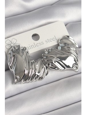 Belle Fusion Mey Ithalat® Pirinç Gümüş Renk Işlemeli Kalp Model Kadın Küpe