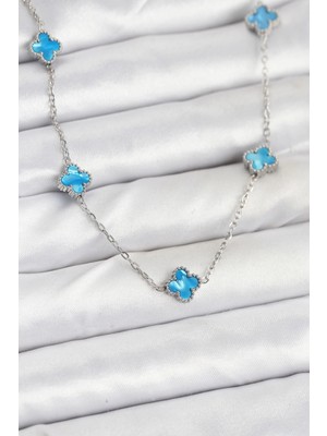Belle Fusion Mey Ithalat® 316L Çelik Zincir Gümüş Renk Buz Mavisi Baby Boy Yonca Kadın Kolye