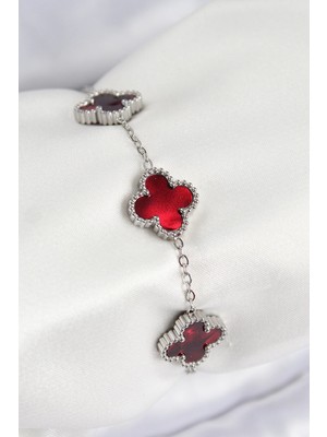 Belle Fusion Mey Ithalat® 316L Çelik Sedefli Kırmızı Gümüş Renk Yonca Kadın Bileklik