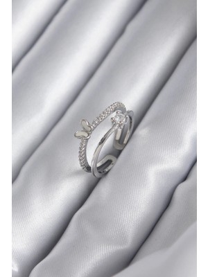 Belle Fusion Mey Ithalat® Pirinç Gümüş Renk Zirkon Taşlı Kelebek Model Kadın Yüzük