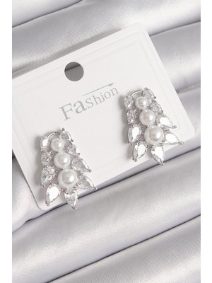 Belle Fusion Mey Ithalat® Pirinç Gümüş Renk Zirkon Taşlı Yaprak Model Inci Detay Kadın Küpe