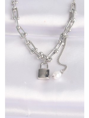 Belle Fusion Mey Ithalat® 316L Çelik Zincir Gümüş Renk Zincirli Love Yazılı Kilit Kolye