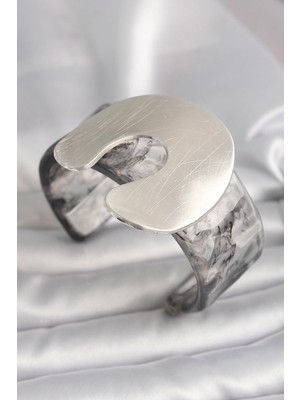 Belle Fusion Mey Ithalat® Siyah Mermer Desen Akrilik Plaka Vintage Kadın Bilezik