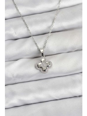 Belle Fusion Mey Ithalat® 316L Çelik Zincir Gümüş Renk Zirkon Taşlı Yonca Model Kadın Kolye