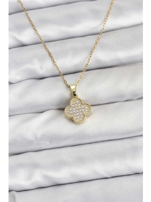 Belle Fusion Mey Ithalat® 316L Çelik Zincir Gold Renk Zirkon Taşlı Yonca Model Kadın Kolye