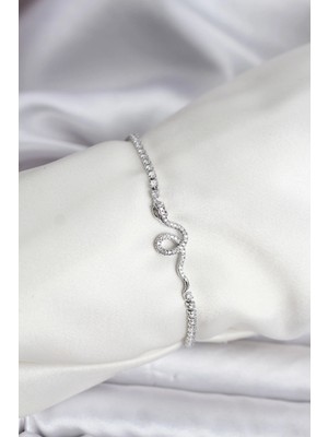 Belle Fusion Mey Ithalat® Yılan Model Zirkon Taşlı Gümüş Renk Pirinç Su Yolu Kadın Bileklik