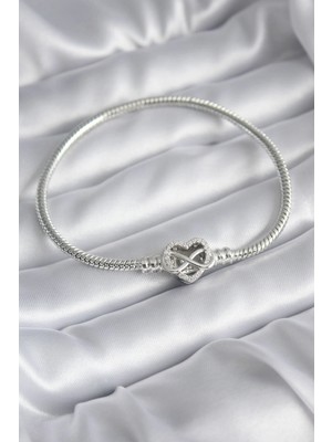 Belle Fusion Mey Ithalat® Pirinç Gümüş Renk Zirkon Taşlı Kalp Sonsuzluk Model Charm Kadın Bileklik