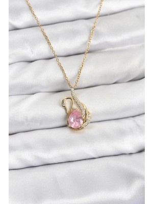 Belle Fusion Mey Ithalat® 316L Çelik Zincir Gold Renk Pembe Kuğu Model Zirkon Taşlı Kadın Kolye