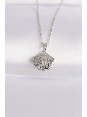 Belle Fusion Mey Ithalat® 316L Çelik Zincir Gümüş Renk Zirkon Taşlı Inci Detay Istiridye Kolye