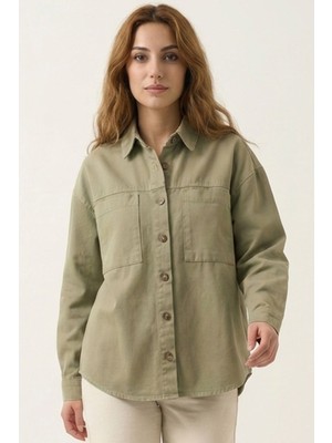 Hiccup Kadın Bdart Cepli Oversize Gabardin Ceket Haki Yeşil