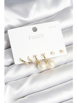 Belle Fusion Mey Ithalat® Gold Renk Pirinç 925 Ayar Gümüş Çivili Kadın Küpe Seti