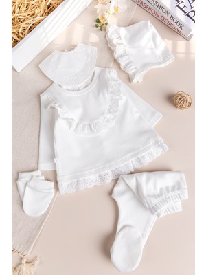 Babymod Fistolu 5'li 100% Pamuk Kız Bebek Hastane Çıkışı Bebek Takımı Ekru