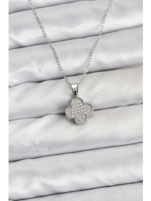 Belle Fusion Mey Ithalat® 316L Çelik Zincir Gümüş Renk Zirkon Taşlı Yonca Model Kadın Kolye