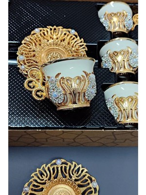 6 Kişilik Metal ve Kristal Kahve Fincan Seti, Şık Sunum Hediye