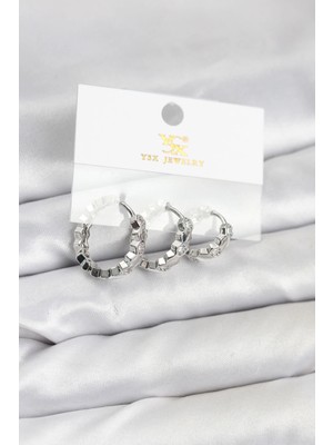 Belle Fusion Mey Ithalat® Pirinç Gümüş Renk Zirkon Taşlı Petek Halka Model Ysx Trio Küpe Seti