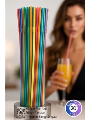 Belle Fusion Mey Ithalat® Gökkuşağı Serisi: 20’li Esnek Körüklü Lüx Içecek Pipeti – 22 cm Premium Sunum Seti