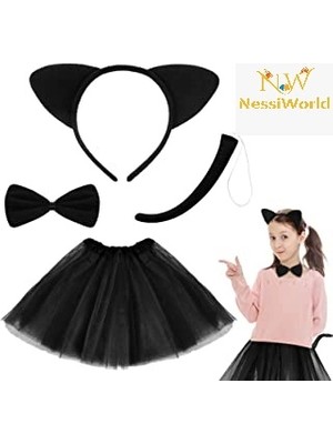 Belle Fusion Mey Ithalat® Kedi Eteği Tacı Kuyruğu ve Papyon Seti Siyah Renk Çocuk Boy