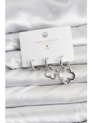 Belle Fusion Mey Ithalat® Yonca Model Gümüş Renk Pirinç 3'lü Kadın Küpe Seti