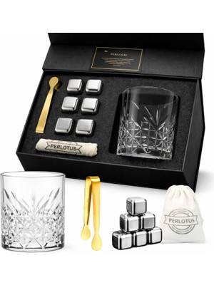 Perlotus Premium 345 cc Kristal Bardak  ve Çelik Buz Küpü Seti Gıdaya Uygun Çelik Küp Gold Maşa Hediye Kutusunda