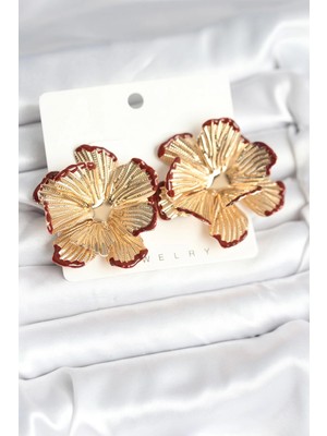 Belle Fusion Mey Ithalat® Pirinç Gold Renk Bordo Renk Detaylı Lotus Kadın Küpe