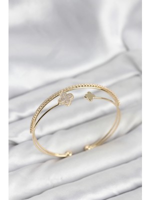 Belle Fusion Mey Ithalat® Yonca Model Pirinç Gold Renk Kadın Bileklik