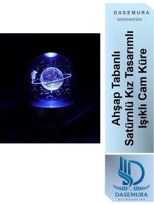 Dasemura Sevgililer Gününe Özel, Ahşap Tabanlı Satürnlü Kız Işıklı Cam Küre 1 Adet