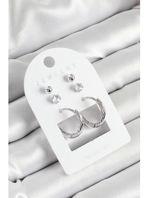 Belle Fusion Mey Ithalat® Pirinç Zirkon Taş ve Halka Figürlü Gümüş Renk 3'lü Çift Kadın Küpe Set